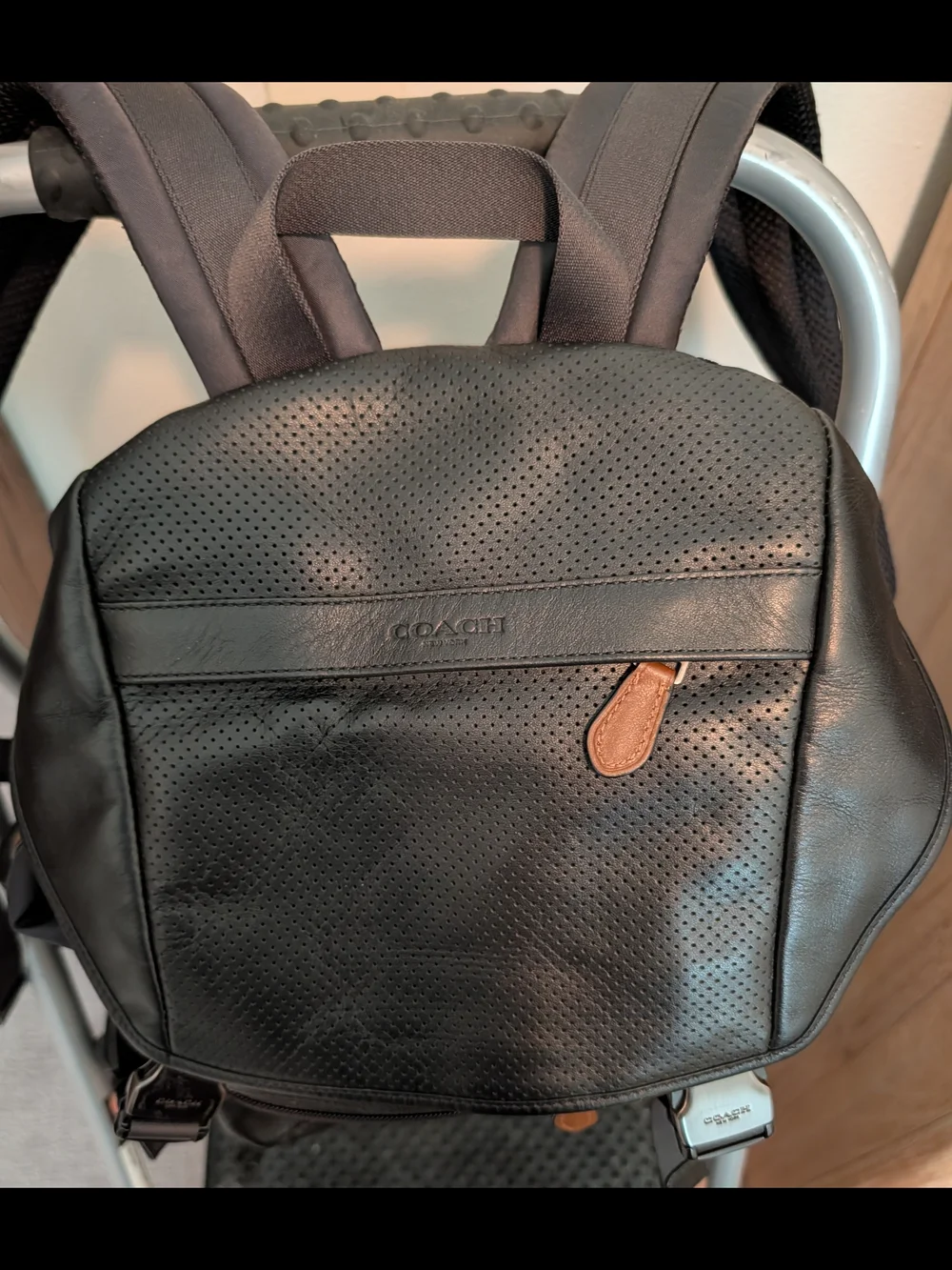 Coach Black Perforated Leather Men's Backpack with Tan Accent